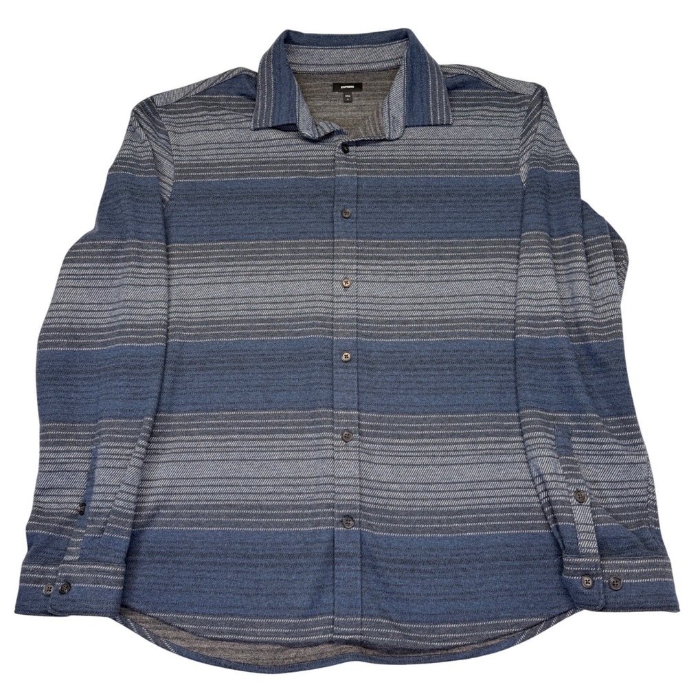 Express Mens XL Blue Grey Striped Long Sleeve Button Up Stretch Shirt 782